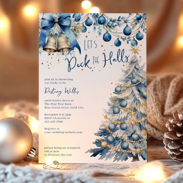 Deka Halls Blue-julens Möhippa Inbjudningar (Deck the Halls Blue Christmas Bridal Shower Invitation by Darling & May)