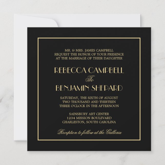 Dekadent Deco elegantt chic formellt svart bröllop Inbjudningar (Framsida)