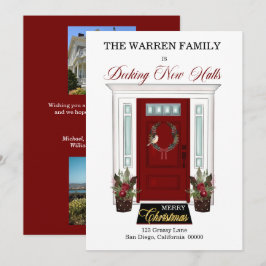 Dekar nya höns, röd dörr, julfoto Flytta Julkort