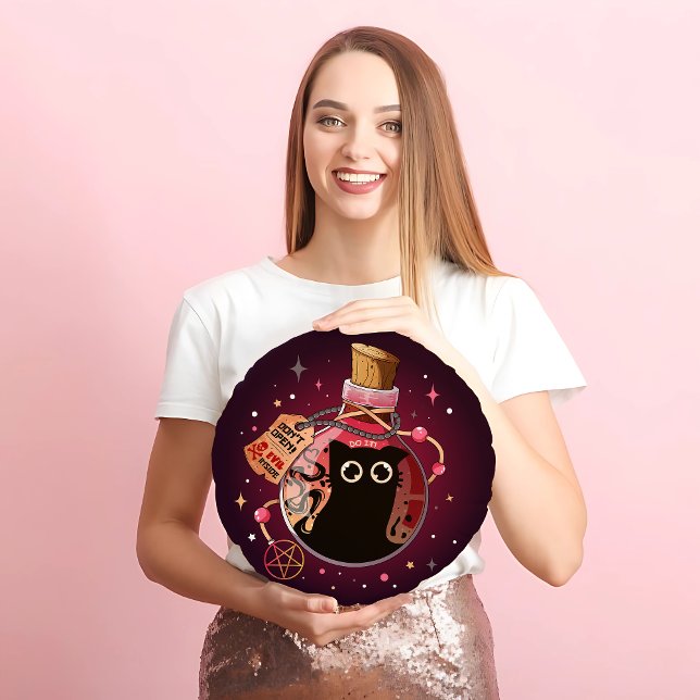 Deklig Rosa Flaska Evil Cat Spirit Halloween Rund Kudde (Skapare uppladdad)