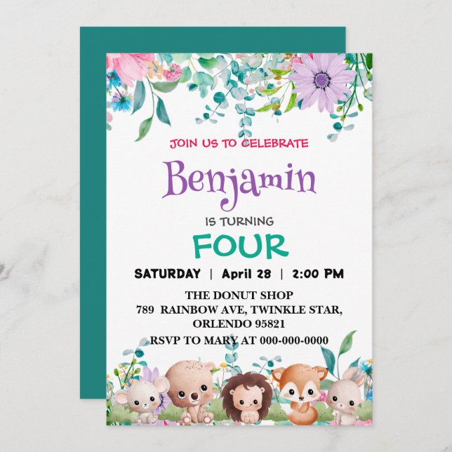 Deklig zoodjungel i Blommigten Djur Födelsedagsfli Inbjudningar (Fram/baksida)