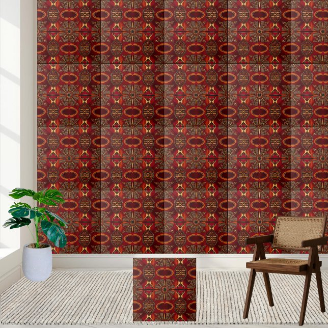 Dekor för den inspikade Mönster-plattan, röd och G Kakelplatta (Red and Gold African Inspired Pattern Tile Decor)