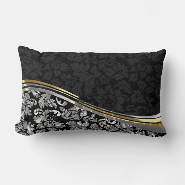 Dekoraccenter för elegant Black & Silver Damask Gu Lumbarkudde (Framsida)