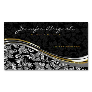 Dekoraccenter för elegant Black & Silver Damask Gu Magnetiska Visitkort