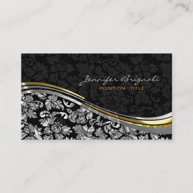 Dekoraccenter för elegant Black & Silver Damask Gu Visitkort (Framsida)