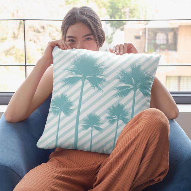 Dekoration av Handflatan Träd Teal Beach House Kudde (Palm Tree Stripe Teal Beach House Decorative Throw Pillow)