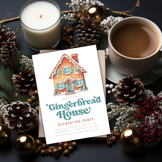 Dekoration av pepparkakshus julfest inbjudningar (Gingerbread House Decorating Christmas Party Invitation)