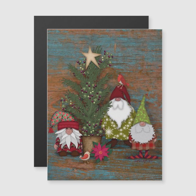Dekorationen Folk Art Julgran och Gnomes Magnetisk Inbjudningskort (Fram/baksida)