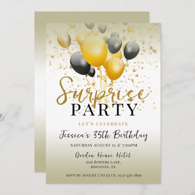 Dekorationen Stars & Balloations Surprise Birthday Inbjudningar (Fram/baksida)