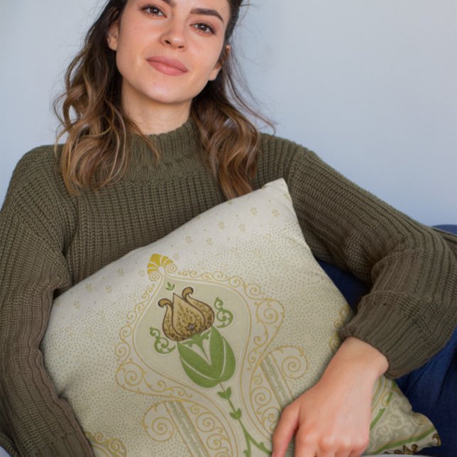 Dekorationen Tulip Stylized Fintvätt Swirls Home Kudde (mockup of a woman holding-a square Tulip Stylized Delicate Swirls Home Decoration throw pillow)