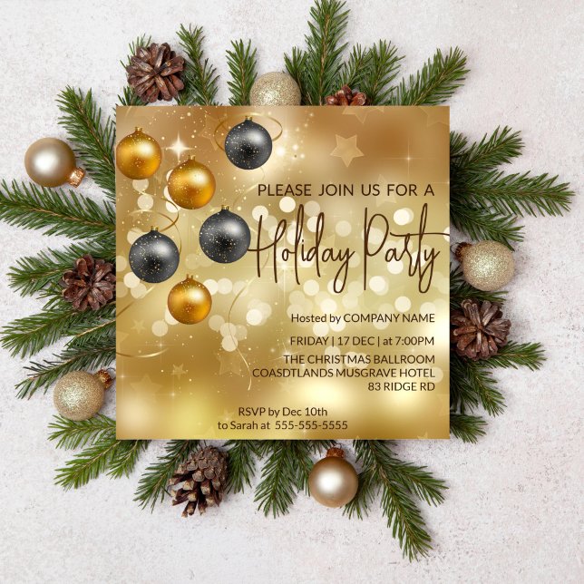 dekorationerna guld, svarta och guld baubles inbjudningar (Christmas holiday party editable template invitation gold theme non religious)
