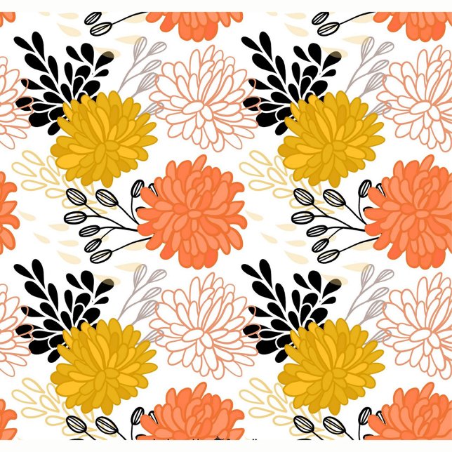 Dekorationsblommor Kudde (Seamless pattern with flowers, black leaves and branches on a white background. )