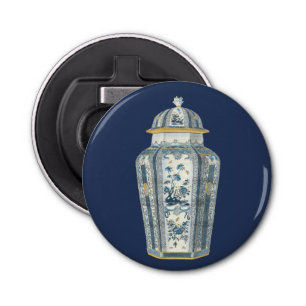 Dekorativ asiatisk urn i blått och vitt flasköppnare