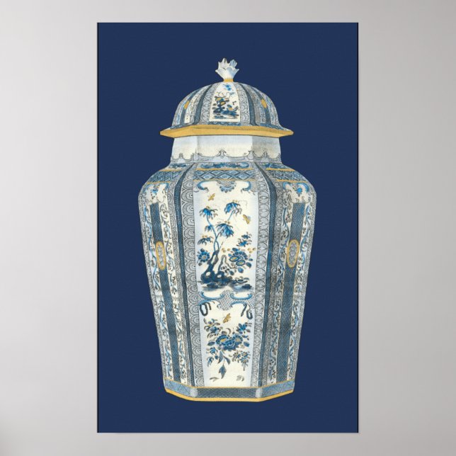 Dekorativ asiatisk urn i blått och vitt poster (Framsidan)