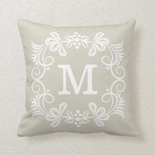 Dekorativ beställnings- Monogram för beige vit Kudde