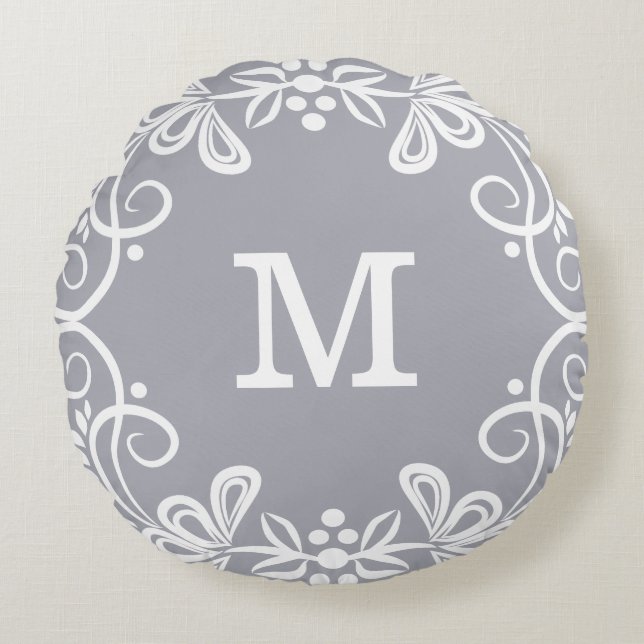 Dekorativ beställnings- Monogram för grå vit Rund Kudde (Framsidan)