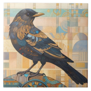 Dekorativ Blackbird Bird Art Earth Tone Orange Kakelplatta