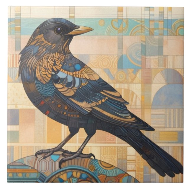 Dekorativ Blackbird Bird Art Earth Tone Orange Kakelplatta (Framsidan)