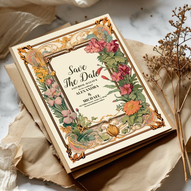 Dekorativ blomkonst Art Nouveau bröllop Spara Datumet (Skapare uppladdad)