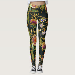 Dekorativ Blommigt: Akryl Golden Lila. Leggings