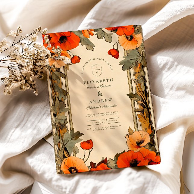 Dekorativ Blommigt Art nouveau Poppy Bröllop Inbjudningar (Skapare uppladdad)