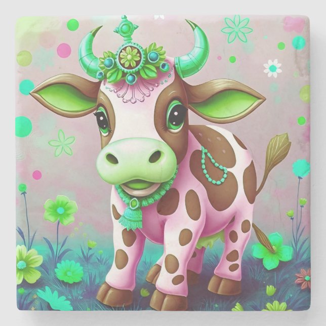 Dekorativ Blommigt för Rosa Cow Stenunderlägg (Framsidan)
