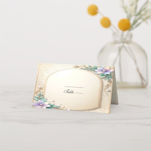 Dekorativ blomster ram med pärlor platskort placeringskort (Framsida)