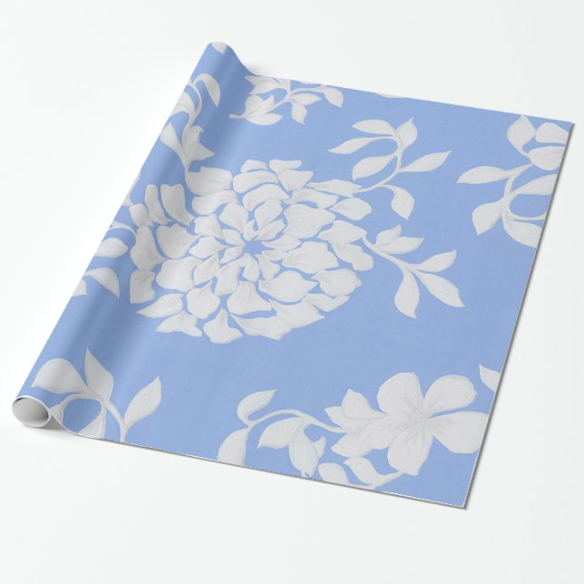Dekorativ böjd Blå Mönster-blommor i Löv Presentpapper (Utrullad)