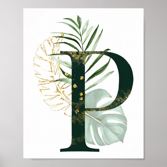 Dekorativ Brev P med tropiska löv Poster (Framsidan)
