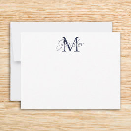 Dekorativ Damask Mörkblå och Grå Monogram Anteckningskort