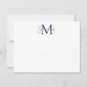 Dekorativ Damask Mörkblå och Grå Monogram Anteckningskort