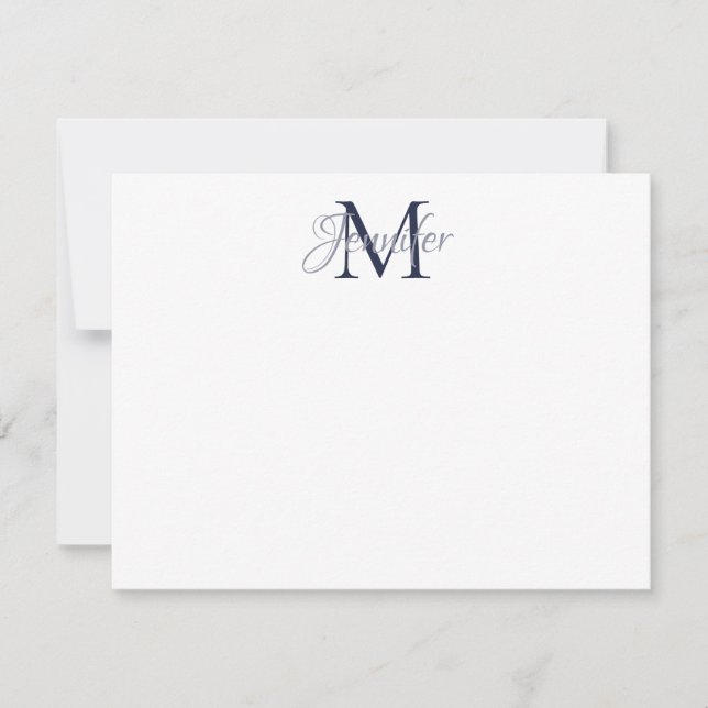 Dekorativ Damask Mörkblå och Grå Monogram Anteckningskort (Framsida)