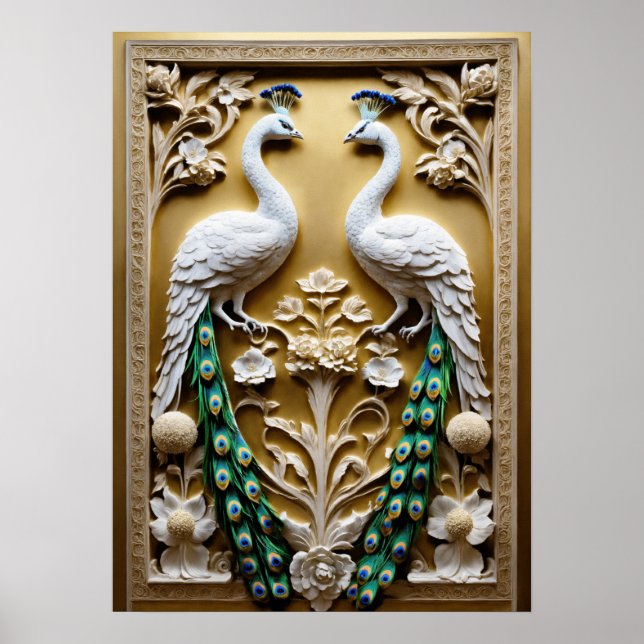 "Dekorativ elegance: Plaster Relief with Peacock Poster (Framsidan)