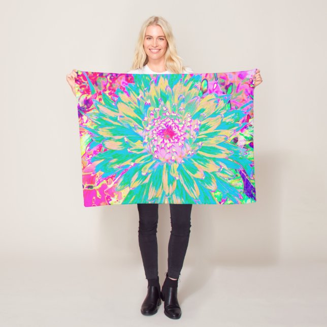 Dekorativ Grönt av kalk och Shock rosa Dahlia Flow Fleecefilt (På plats)