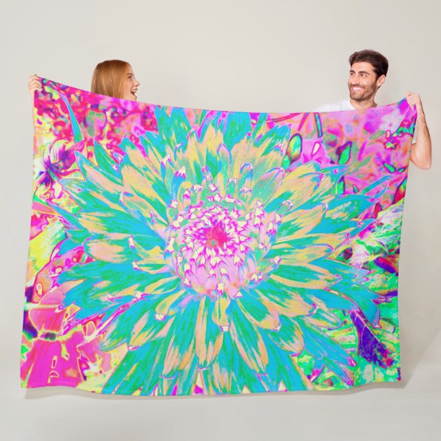 Dekorativ Grönt av kalk och Shock rosa Dahlia Flow Fleecefilt (På plats)