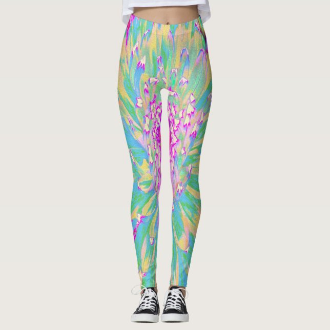 Dekorativ Grönt av kalk och Shock rosa Dahlia Flow Leggings (Framsida)