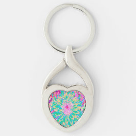 Dekorativ Grönt av kalk och Shock rosa Dahlia Flow Twisted Heart Silverfärgad Nyckelring