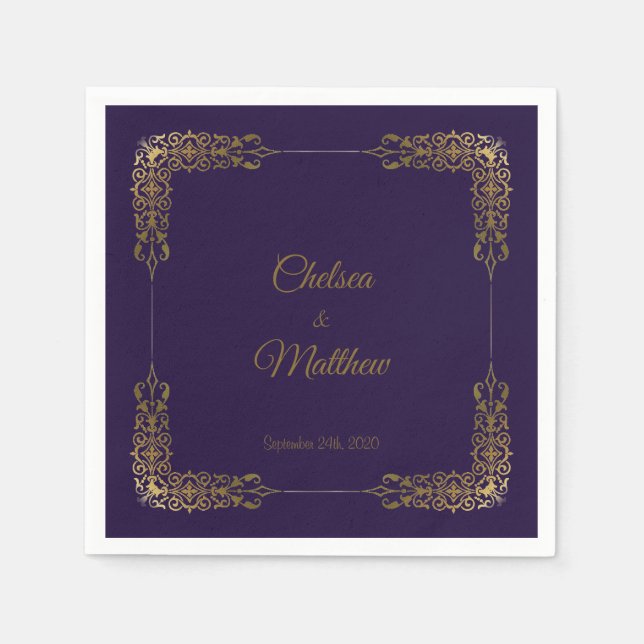Dekorativ Guld Gräns Lila Bröllop Napkins Pappersservett (Framsidan)