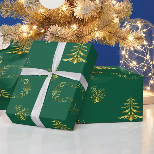 Dekorativ guld och grön jul presentpapper (Helgdagar)