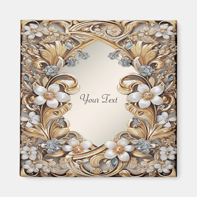 Dekorativ guld vit blomster magnet (Framsidan)