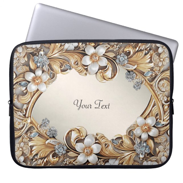 Dekorativ Guld White Blommigt Laptop sleeve (Framsidan)