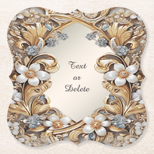Dekorativ Guld White Blommigt Papper Underlägg (Framsida)