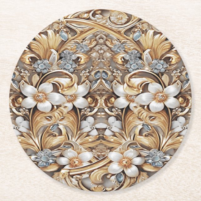 Dekorativ Guld White Blommigt Papper Underlägg Rund (Framsidan)