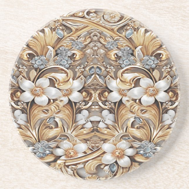 Dekorativ Guld White Blommigt Sandstone Underlägg (Framsidan)