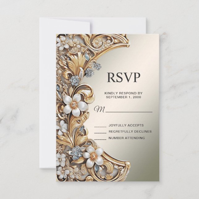 Dekorativ guldvit blomster-RSVP-kort OSA Kort (Framsida)