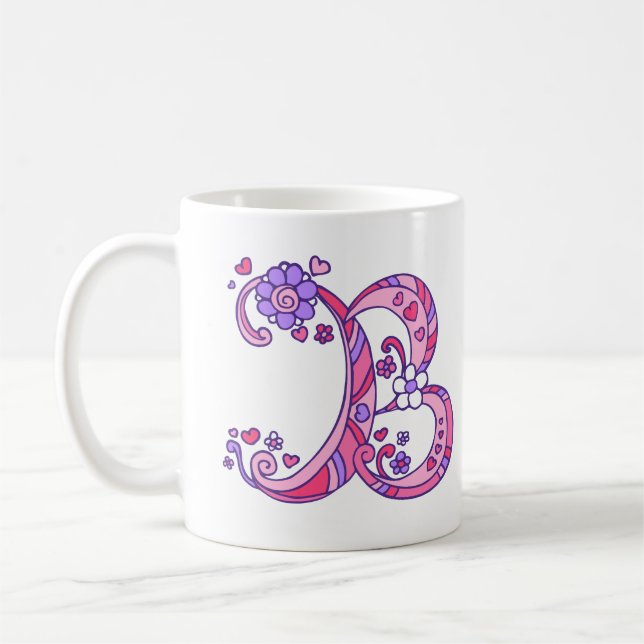 Dekorativ hjärta- & blommarosamugg för Monogram B Kaffemugg (Vänster)