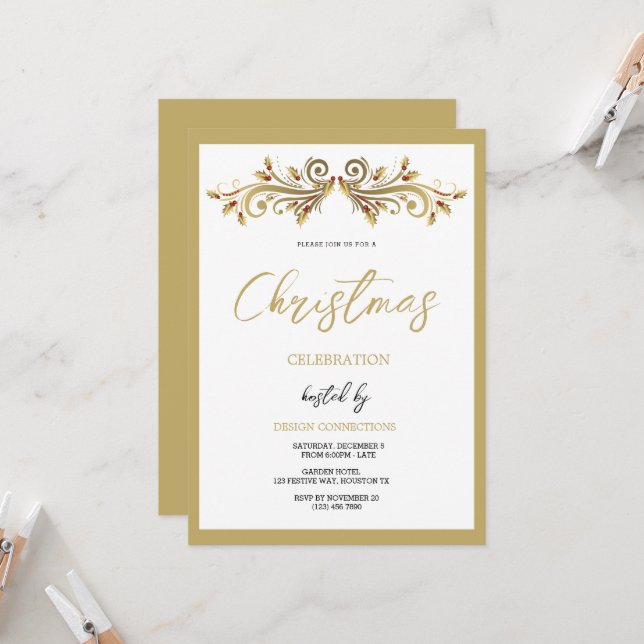 Dekorativ jul för Holly Swirls Inbjudningar (Fram/Back In Situ)