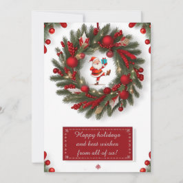 Dekorativ julkrans med röda ornament julkort