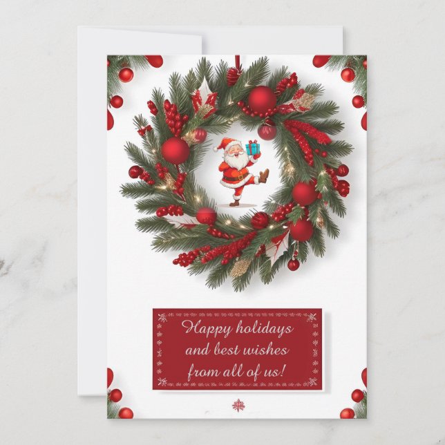 Dekorativ julkrans med röda ornament julkort (Framsida)