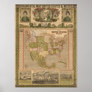 Dekorativ karta av Förenta staterna och Mexico Poster